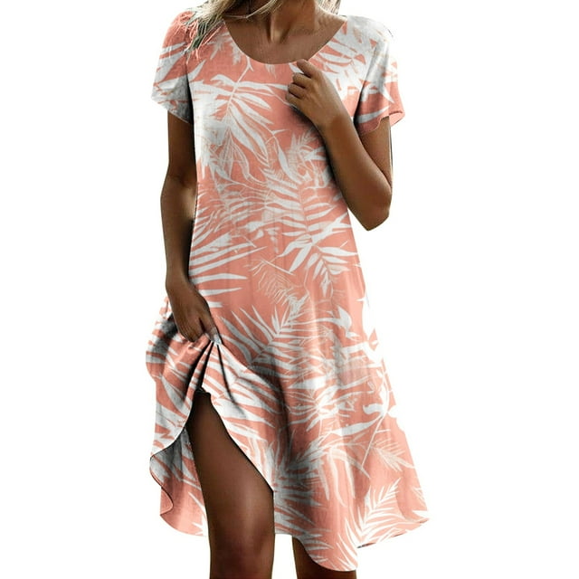 JIRNDf Robes de Printemps pour Femmes 2025 Tendance à Imprimé Floral Col Rond Vacances Basique Confortable Stylée Féminine Robes d'Été pour Femmes Plage Boho Robe Orange m