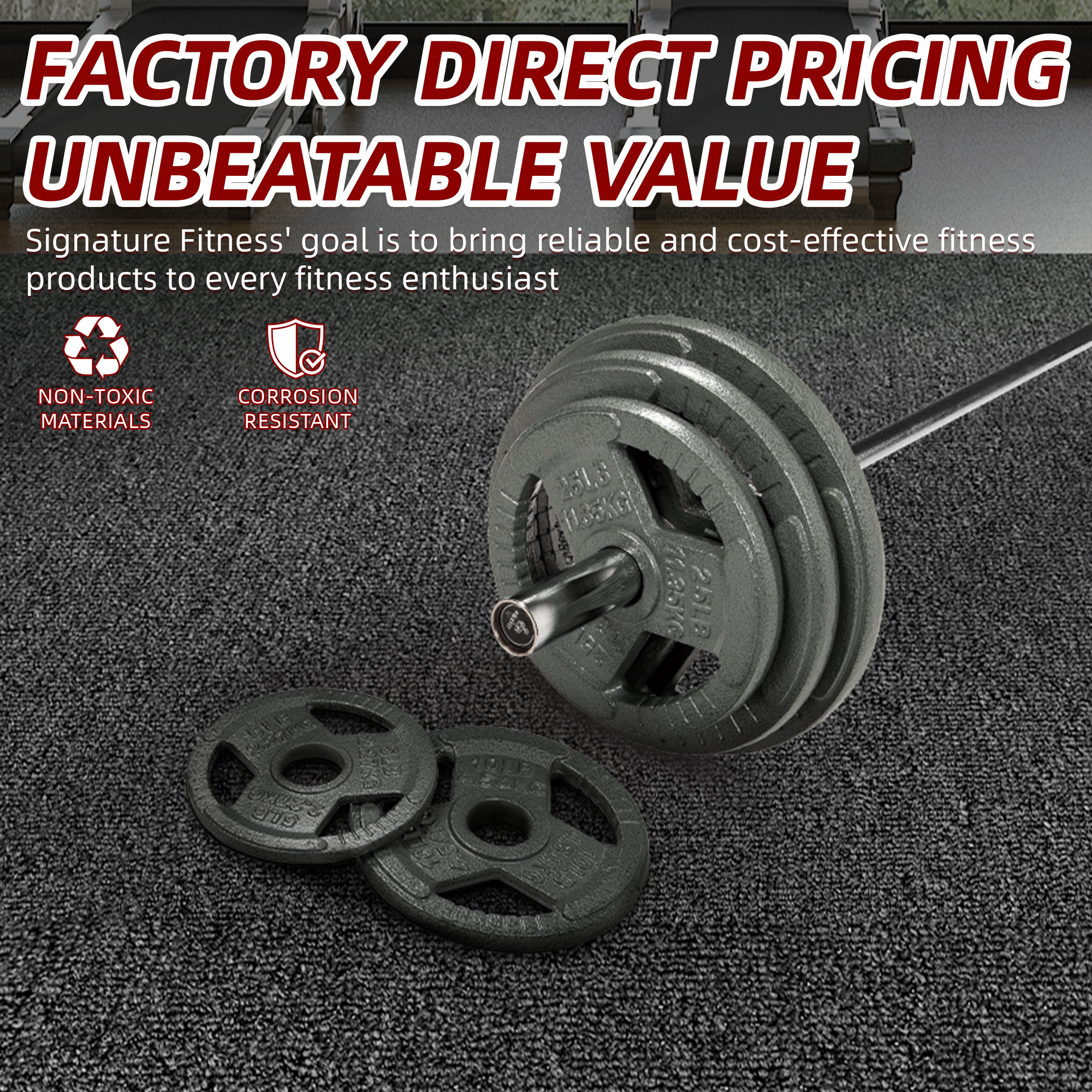 Signature Fitness Cast Iron Weight Plates for Strength Training, Fits 2-Inch Barbell, Multiple Size Options