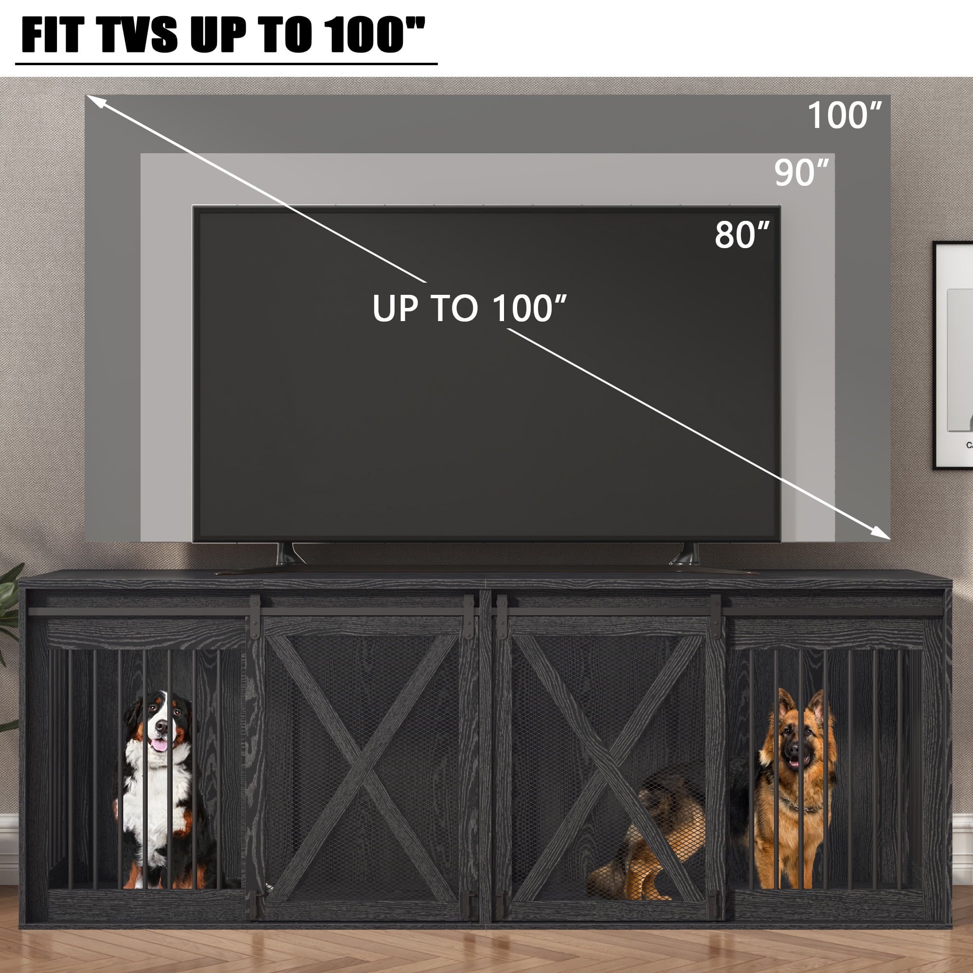 Nordee 94.5" XXXL Dog Crate Furniture for 2 Large Dogs, Heavy Duty Double Dog Cage Extra Large Breed, 35.4" Tall Thick Wooden Dog Kennel TV Stand with Divider, Black