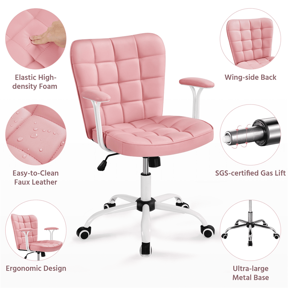 Alden Design Modern Mid-Back Faux Leather Office Chair Upholstered for Home Office, Pink