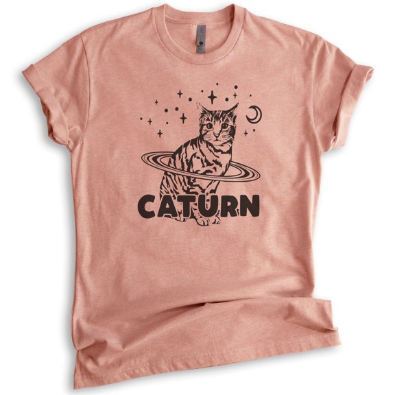Caturn Shirt, Unisex Women's Men's Shirt, Cat T-shirt, Kitten Shirt, Cat Lover Shirt, Heather Sunset, Medium