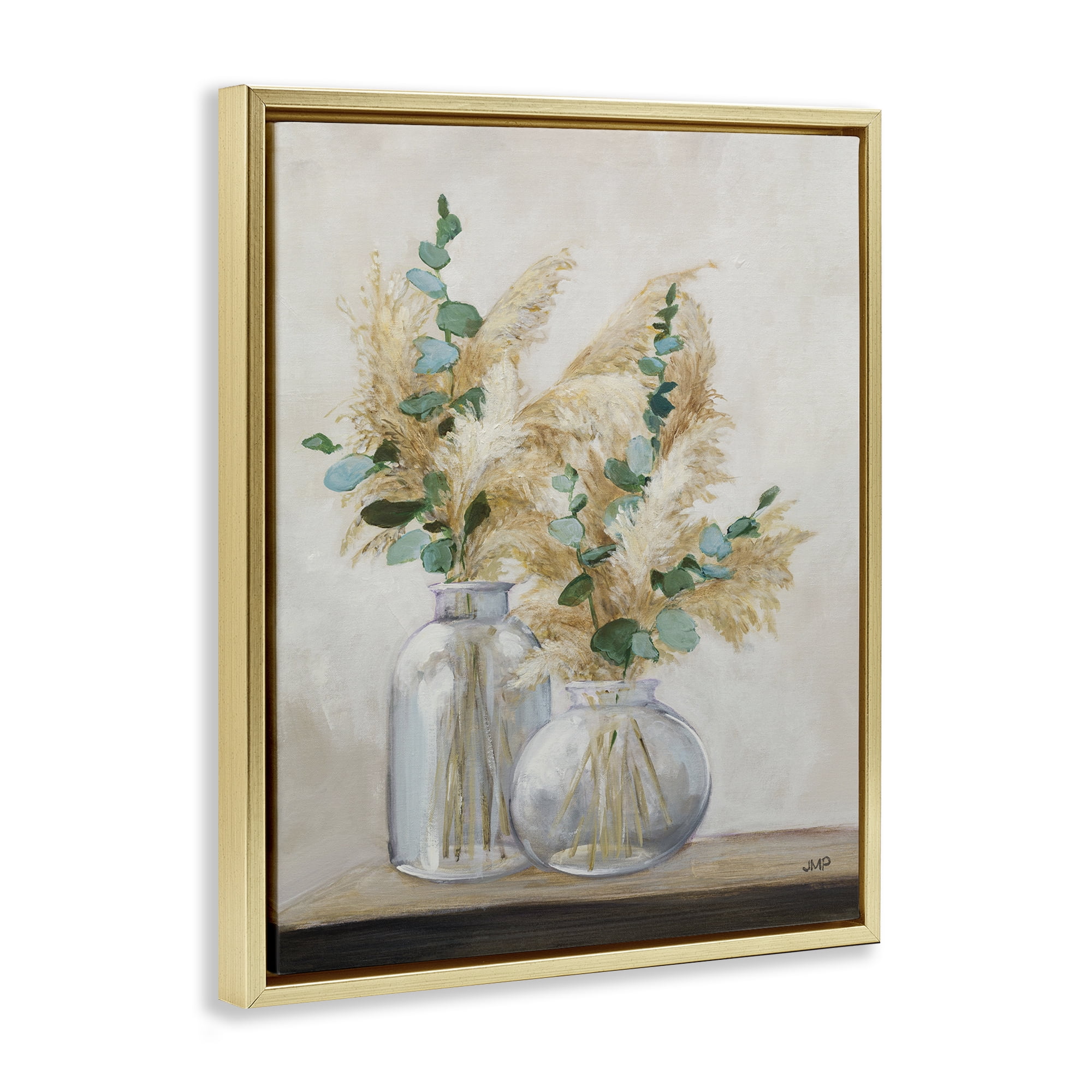 Stupell Industries Pampas & Herbs Vase Botanical & Floral Painting Gold Floater Framed Art Print Wall Art, 25 x 31