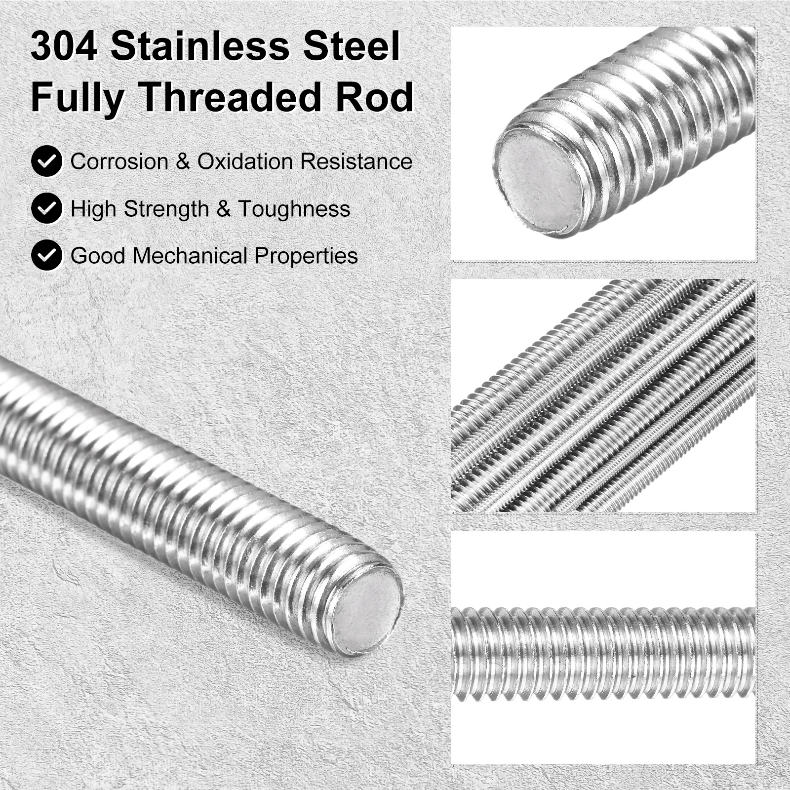 Uxcell 10-Pack Fully Threaded Rod, M8x200mm 304 Stainless Steel Right Hand Thread Bar Studs