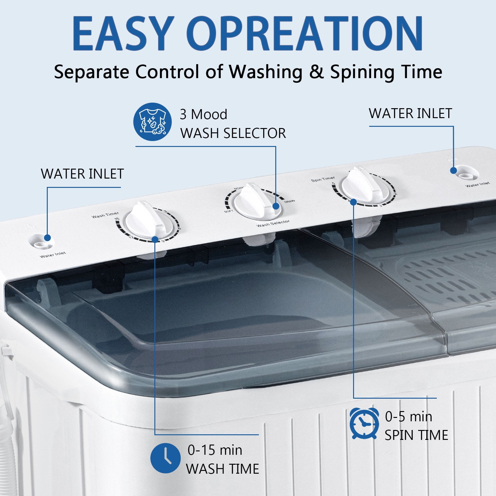 Dimedeal 32 lbs Portable Twin Tub Mini Washing Machine, 20 lbs Washer & 12 lbs Spinner with 1 Drying Rack & 10 Hangers