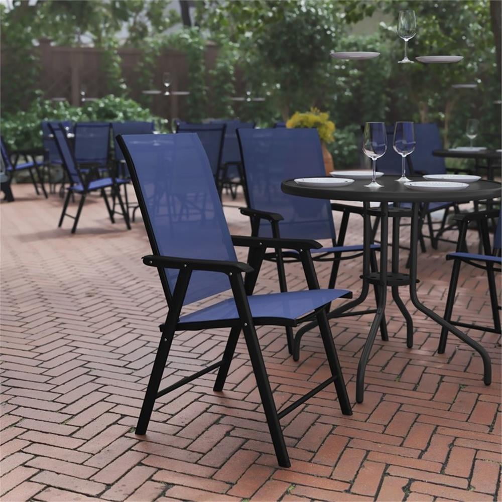 Bowery Hill Metal Folding Patio Sling Chair in Navy (Set of2)
