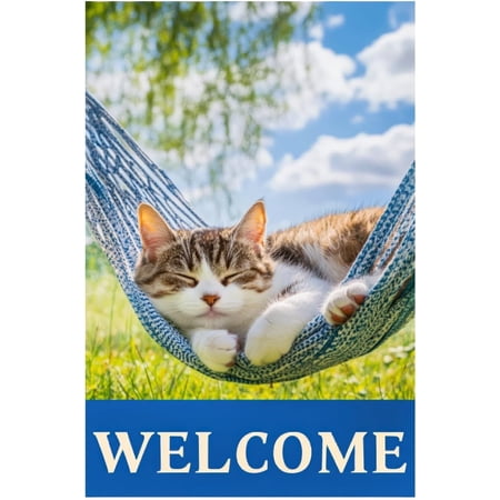 Welcome Cat Garden Flag 12 x 18 Inch Double Sided Sleeping Cat Hammock Yard Flag for Outdoor Porch Lawn Patio Garden Spring Summer Decor