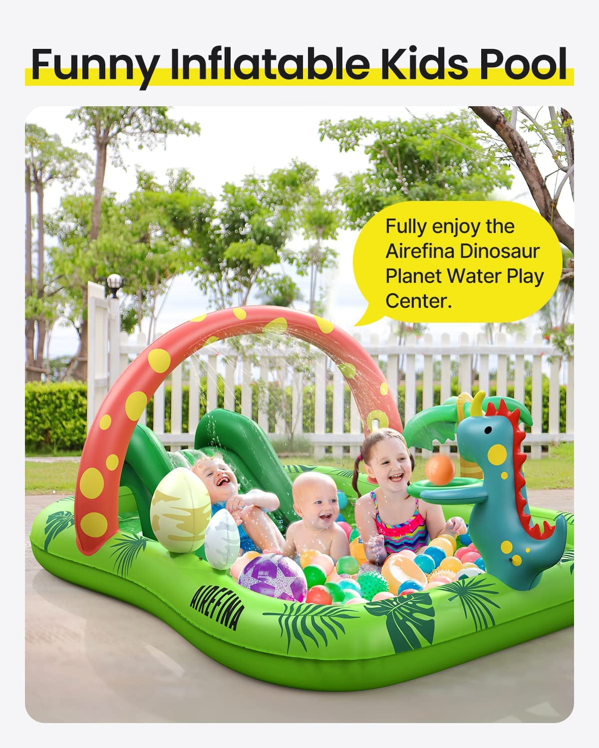Dino Planet Inflatable Play Center, Airefina Kids Pool, 97"x76"x41" Summer Swim Blow up Kiddie Pool, Rectangular