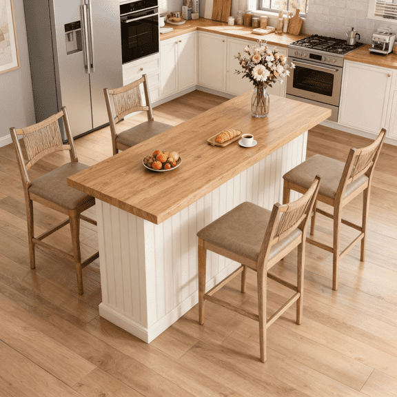 Dayalane Farmhouse Bar Stools Set of 4, 25.5" Counter Height Bar Stools with Paper Cord Woven Back Solid Wood Frame, PU Leather Upholstered Kitchen Island Chairs for Dining Room Home Bar, Brown