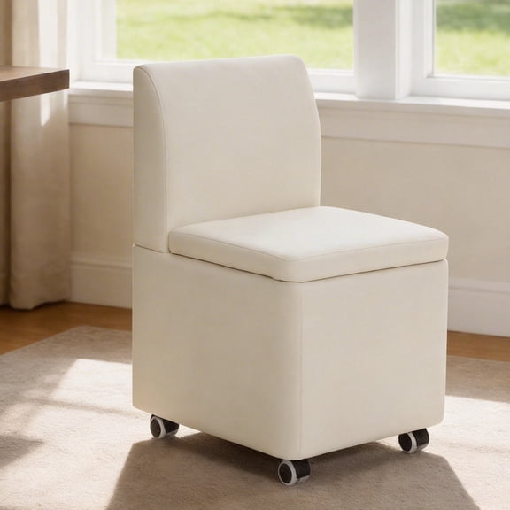 Upholstered Dining Chairs with Casters, Modern Armless Dining Chair with Storage & Push Handle, Rolling Kitchen Chair for Bedroom Living Room Reading Room, Beige