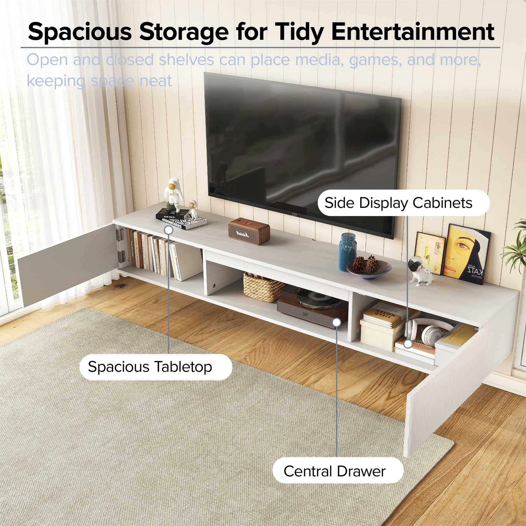 Hommoo Modern LED TV Stand, Rhombus Carved Surface Wall-Mounted TV Cabinet with Double Doors &Open Shelf, Entertainment Center with Storage, White