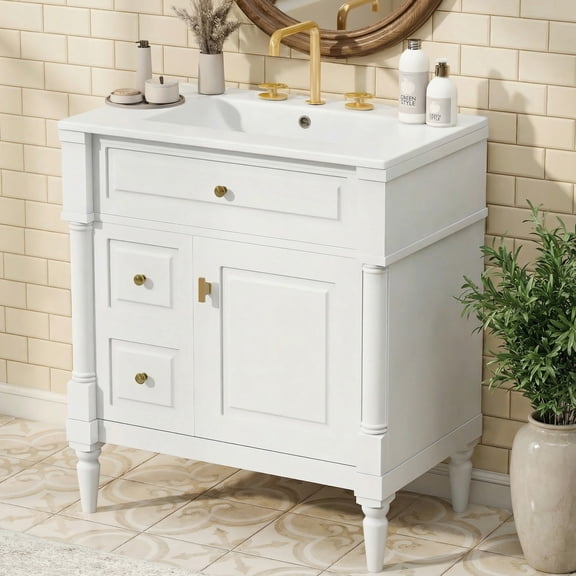 30" Bathroom Vanity with Sink, Rubberwood Bathroom Cabinet with 1 Flip Drawer & Adjustable Shelf, 2 Drawers & 1 Cabinet Door with Built-in Double Shelves, White