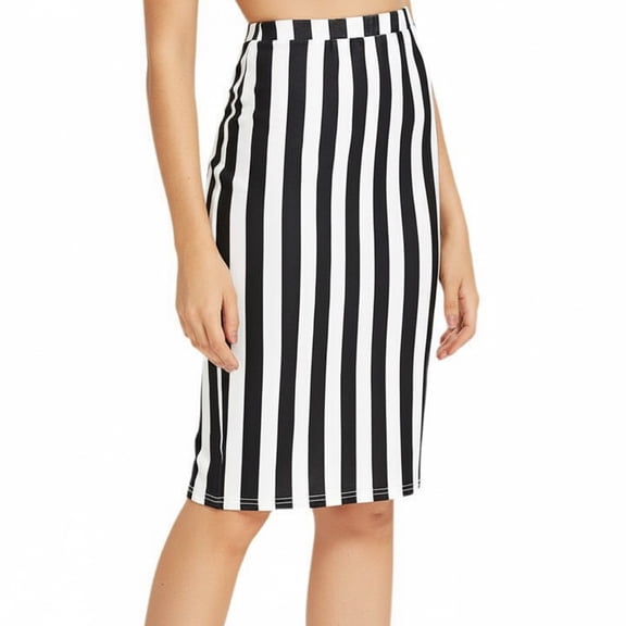 BUWTTER Women's Skirts Slim Striped Dress Fashionable Casual Work High Waist Pencil Below Knee Length Black Skirt L