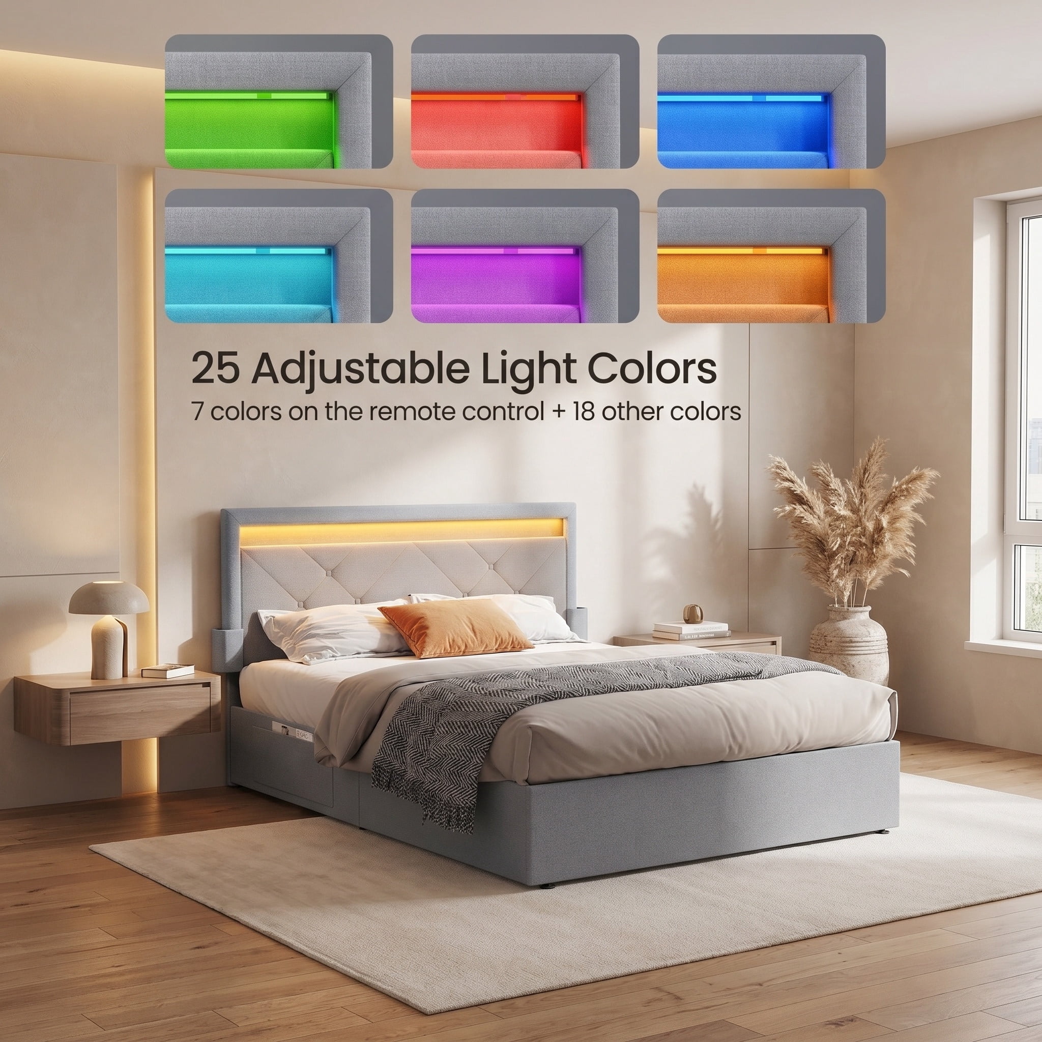 Full Size Light Gray Upholstered Platform Bed Frame with LED Headboard, 4 Drawers, and Built-In Charging Station