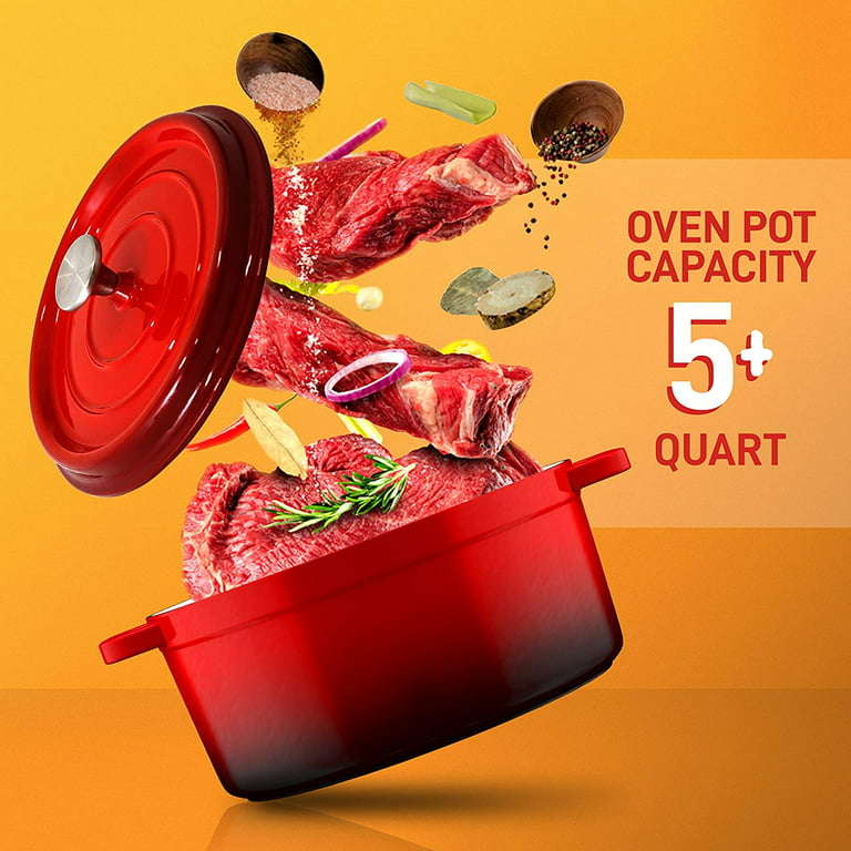 NutriChef 5 Quart Iron Dutch Oven, Red, & 11 Inch Square Cast Iron
