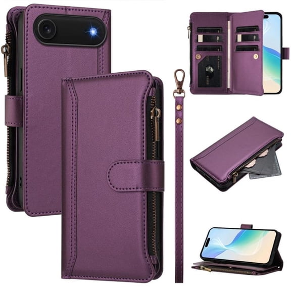 For iPhone Air Wallet Phone Case-PU Leather Magnetic Flip Cover with 9 Credit Card Slots,Zipper Pocket & Detachable Wrist Strap,Shockproof,Purple,For iPhone Air