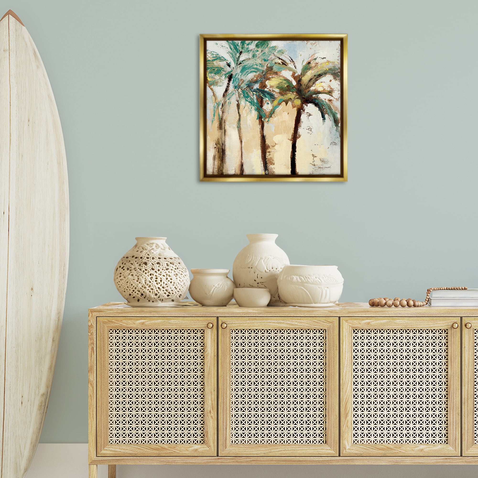 Stupell Industries Rustic Brushed Palm Trees Botanical & Floral Painting Gold Floater Framed Canvas Art Print Wall Art, 25 x 25