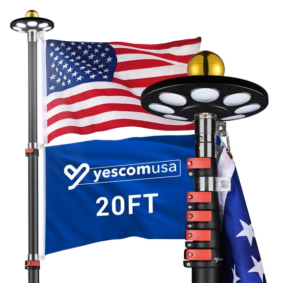 Yescom EZ GO 20ft Telescoping Flag Pole Kit with Solar LED Light for Outside House In-Ground Aluminum Portable Flag Pole Thumb Lock Fits RV Camping, with 3x5' US Flag Ball Top, Black