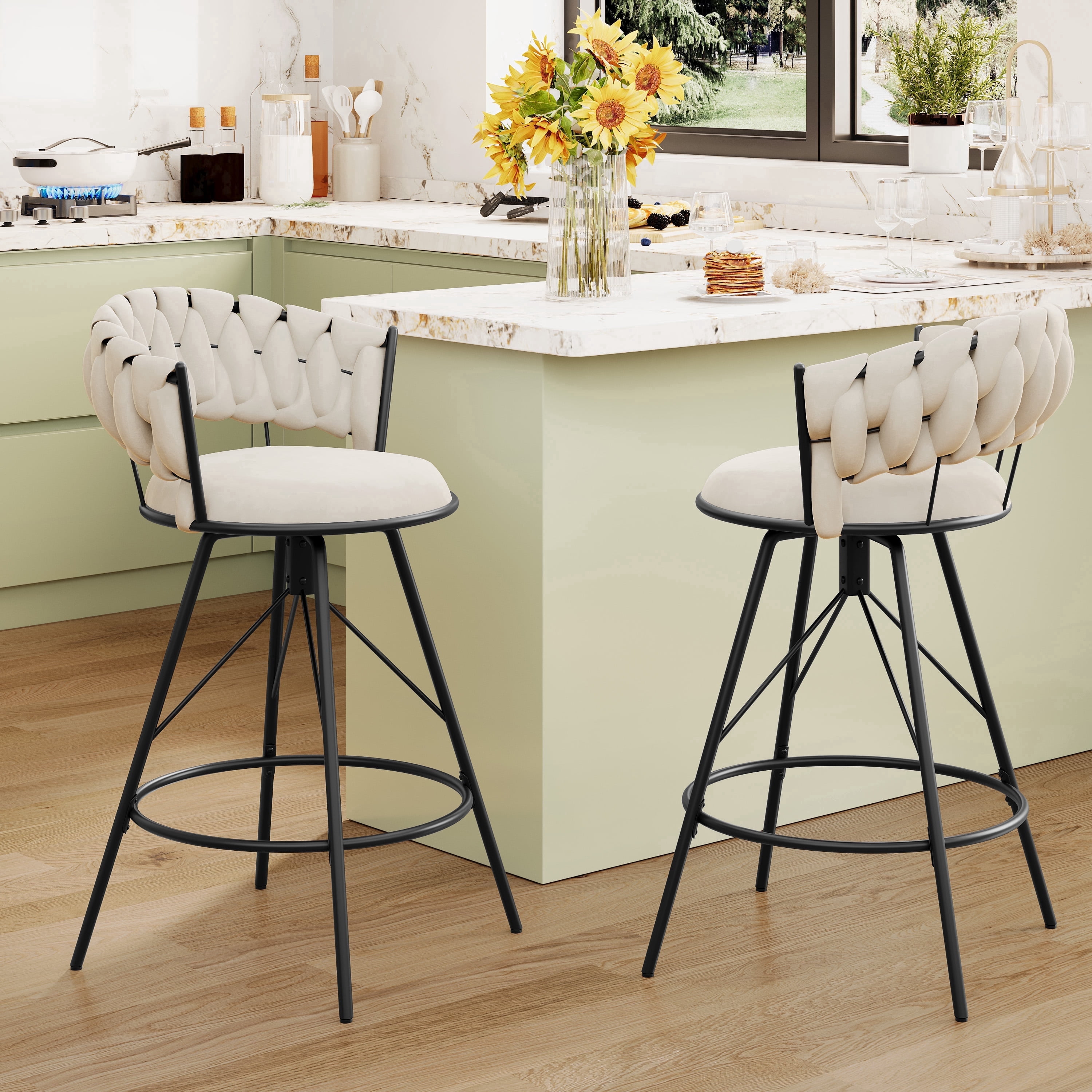 Andeworld 26'' Bar Stools with Woven Back set of 2, Modern Velvet Barstools with Upholstered Seating, Counter Height Barstool in Round Footrest, Ivory
