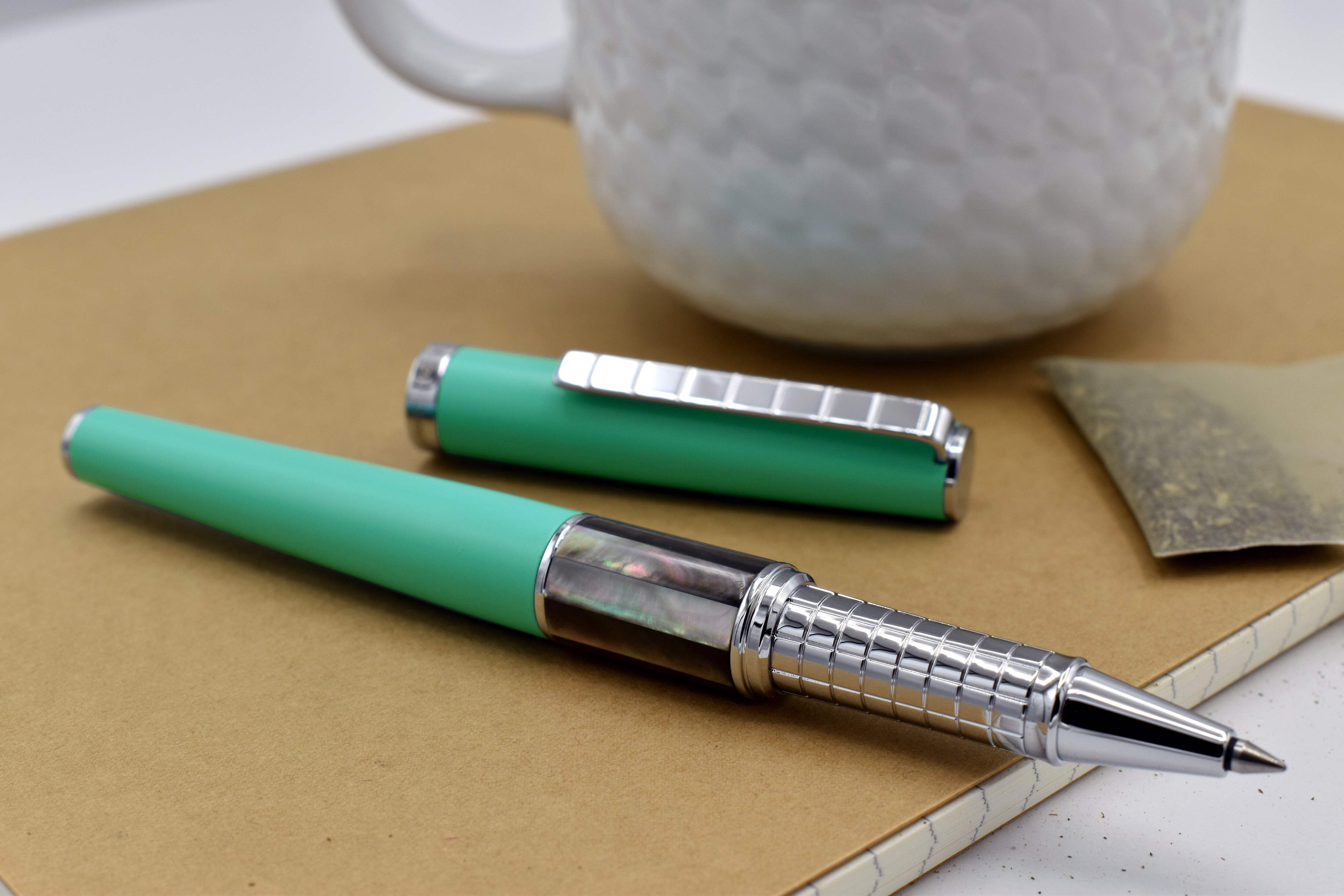 Xezo Speedmaster® Aqua Green Brass Rollerball Pen - With Tahitian Black Mother of Pearl