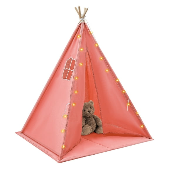 4-Person Waterproof Teepee Tent for Kids, Pink Cotton and Linen Play Tent with Light String, Comfortable Mat, and Stable Wood Poles for Bedroom or Playroom