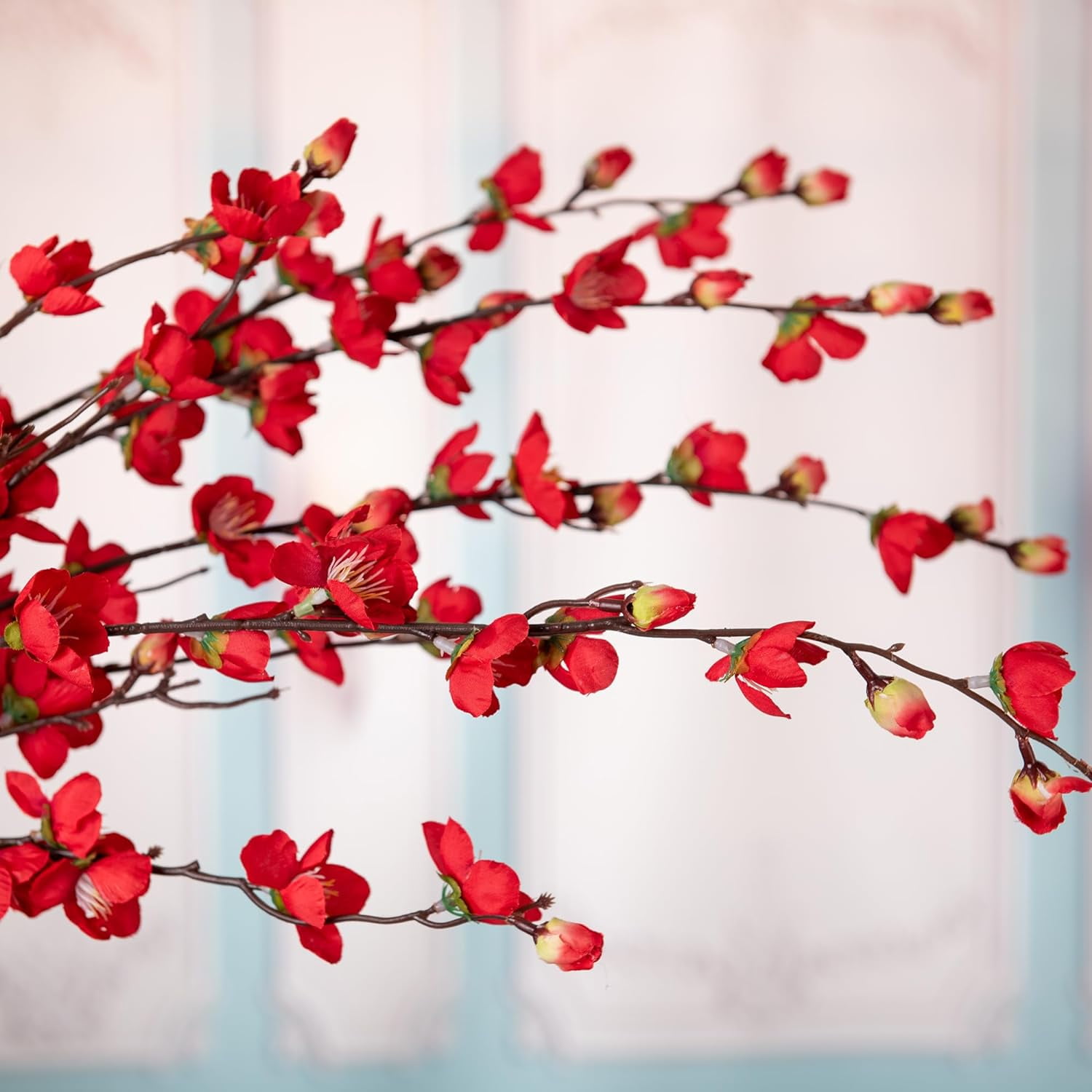 Artificial Faux Plants Flowers Indoor Spring Decor，4 Bundles Fake Silk Plum Blossom,Faux Silk Cherry Blossom Branches for Wedding Office Party Hotel Home Decor，Vase Not Included(White)