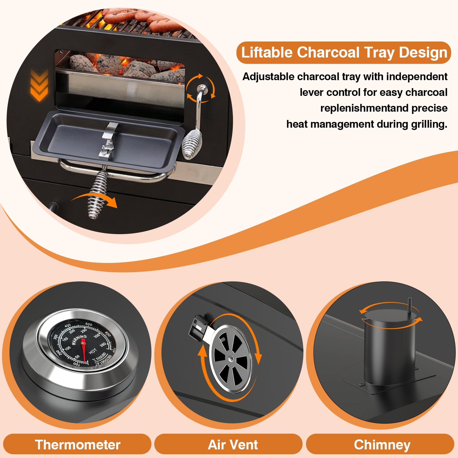 Frizi Charcoal Grill Outdoor BBQ  Cooking Grill with2 Individual Lifting Charcoal Trays and 2 Foldable Side Tables