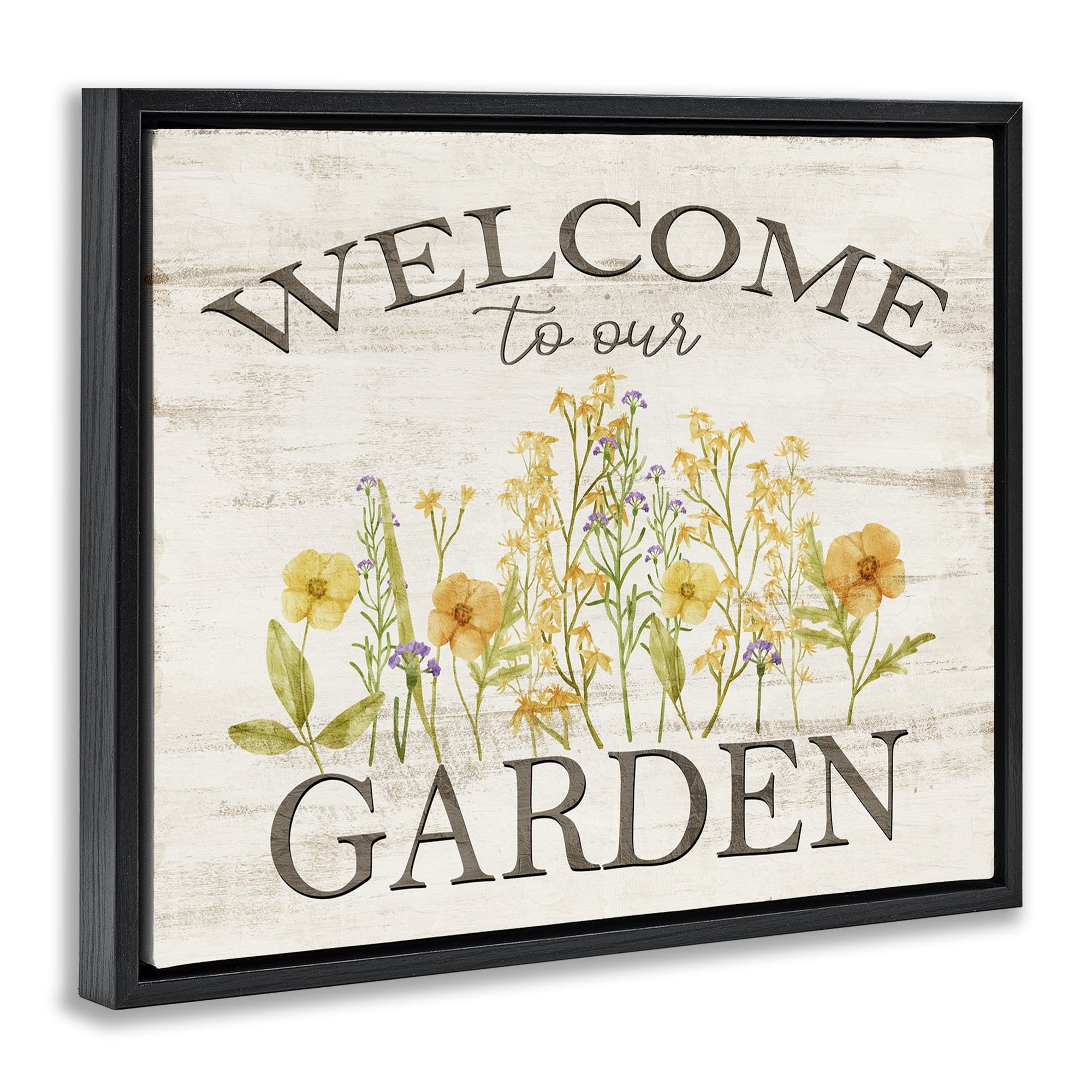 Stupell Industries Welcome To Our Garden Botanical & Floral Painting Black Floater Framed Canvas Art Print Wall Art, 21 x 17