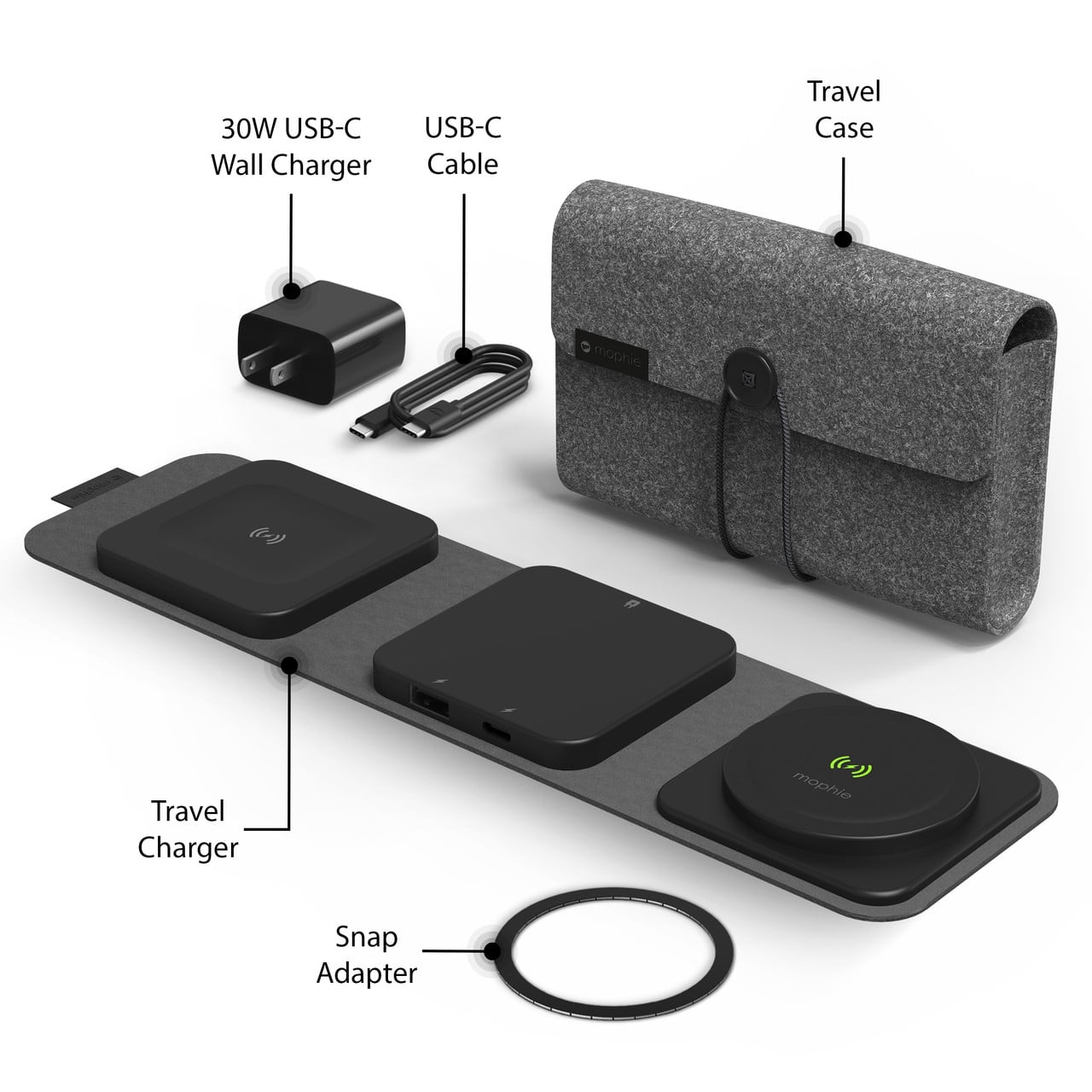 mophie Wireless 3 in 1 Travel Magnetic Wireless Charging Station Multiple Devices Compatible with Apple iPhones Google Samsung devices AirPods BYO watch charger. (watch charger not included)