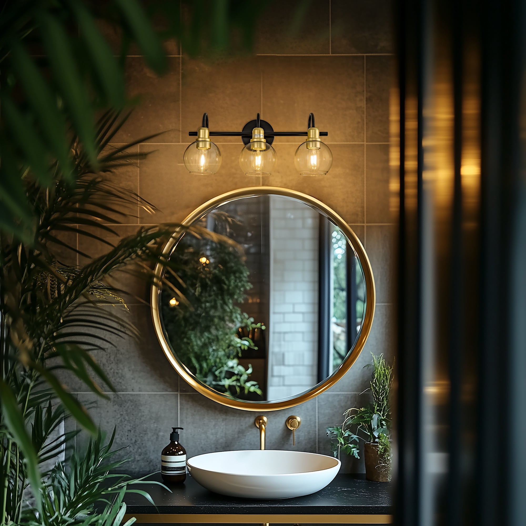 YANSUN  19.68 in 3-Light Matte Black and Gold Industrial 3-Light Bathroom Vanity Light with Clear Glass Globe Shades, for Bathroom, Powder Room, Vanity Table