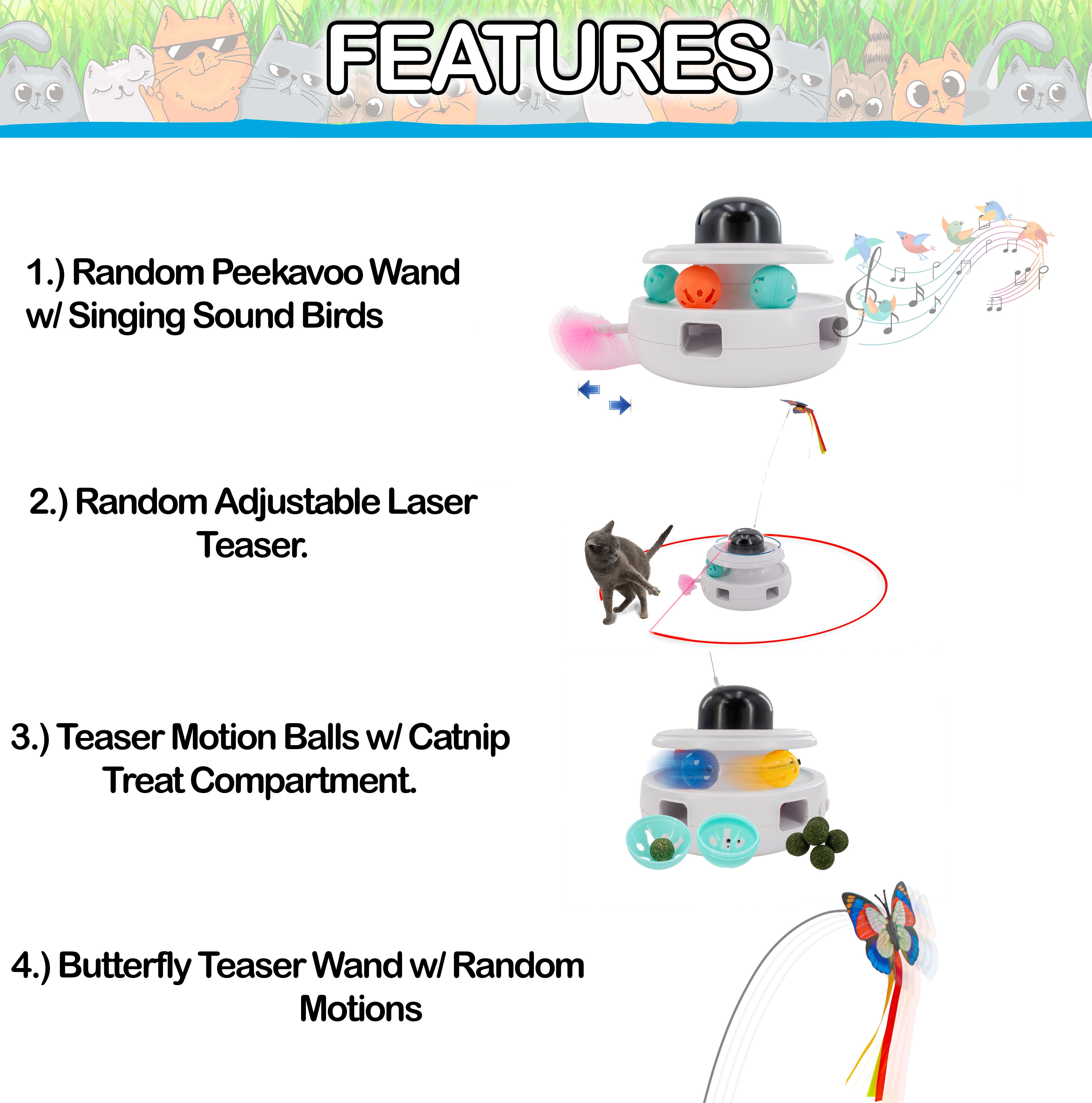 Interactive Cat Toy with Laser, Catnip Balls, Bird chirps & Feather Wand for Indoor Cats