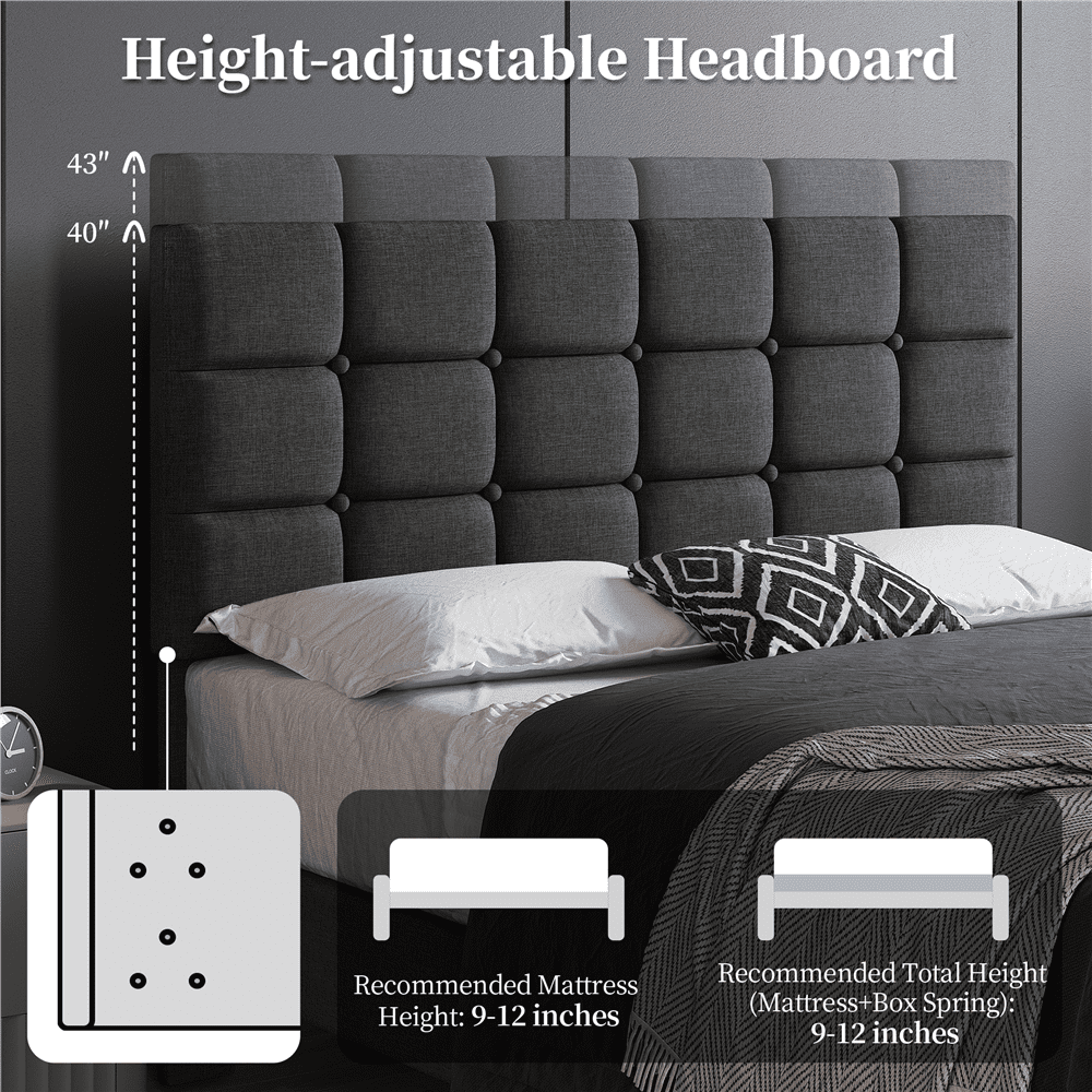 Fullfurnique Upholstered Platform Bed Frame with Square Tufted Headboard, Full, Dark Gray