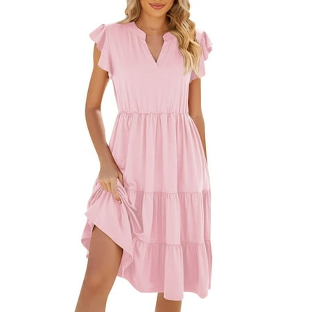 Mnyotv Women Spring Dresses 2024 Women Casual Fashion Solid Color V Neck Short Sleeve Shirt Dress Midi Dresses Pink L