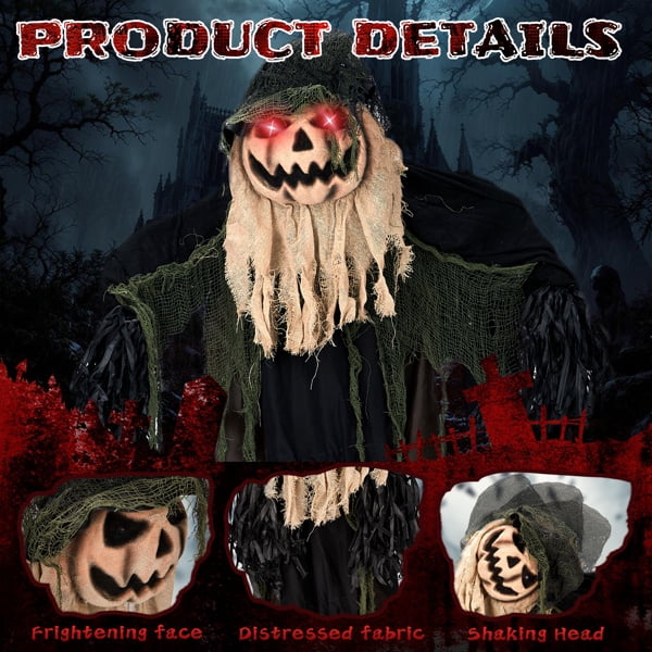 5.7FT Animatronics Wizard with Pumpkin Face Sound-Activated Moving Head Red Eyes for Halloween Haunted House