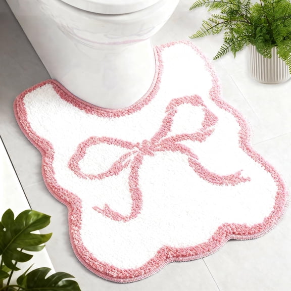 U-Shaped Bow Toilet Rug, Non-Slip Bath Mat with Wave Edges - Soft Plush Microfiber, Absorbent & Washable Cushion Pad for Bathroom Decor