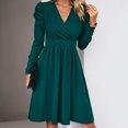 thumbnail image 5 of Solid Color V-Neck Wrap Dress for Women Long Sleeve Knee Length Dress Slim Waist Pleated Casual Short Dress, 5 of 8