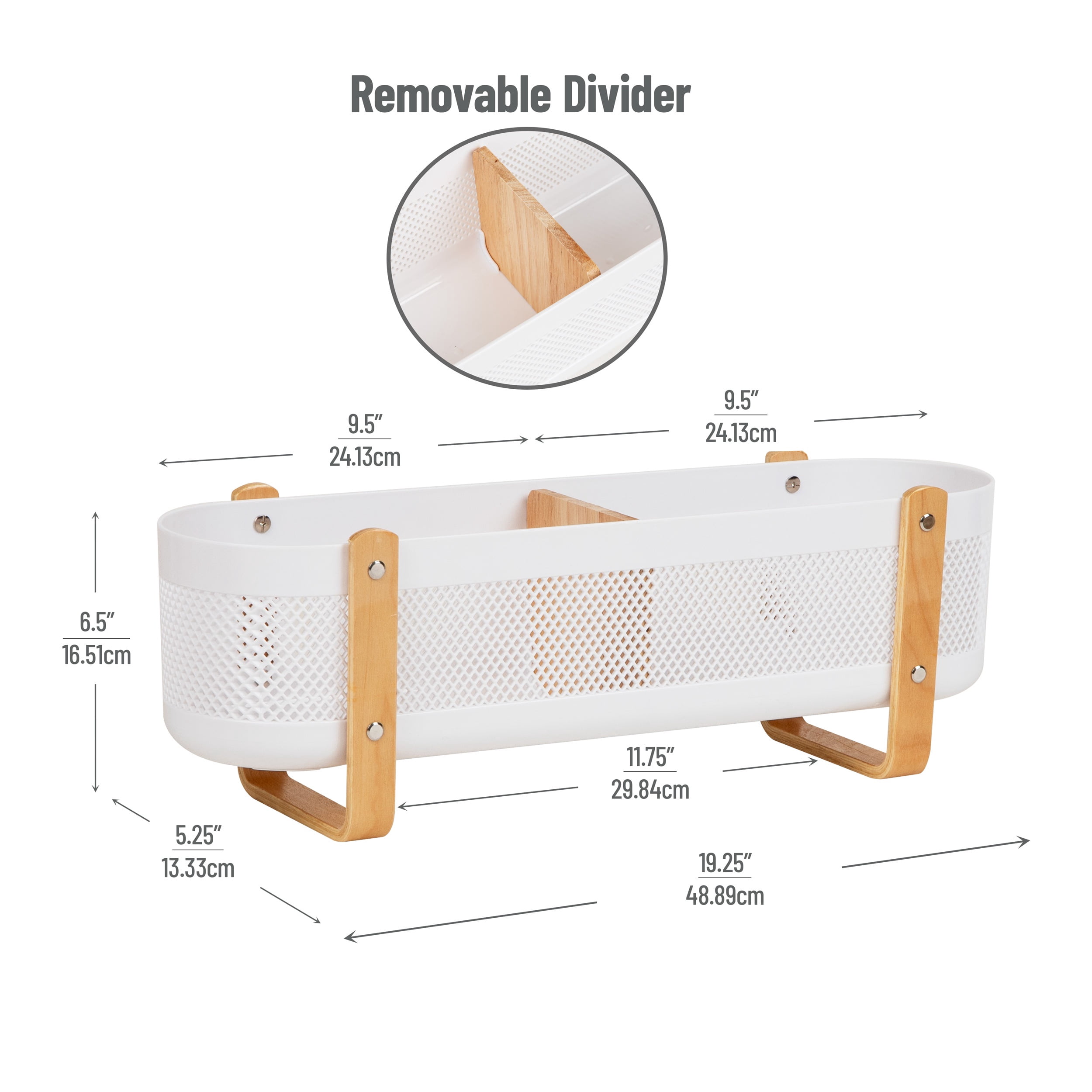 Mind Reader Divided Storage Basket with Legs, Desktop Organization, Office, Plastic, White and Brown
