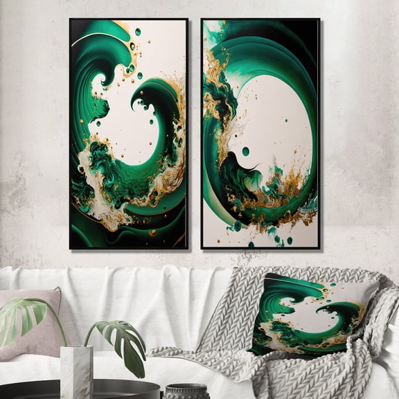 Designart "Emerald and Gold Wave Abstraction I" Abstract Spirals Framed Wall Art Set Of 2 - Green Abstract Frame Gallery Set For Office Decor