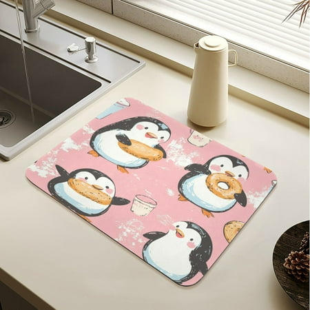 

Wobogo Dessert Penguin Pink Pattern Dish Drying Mats Diatomaceous Earth Super Absorbent Non-slip Rubber Sole 23.6×19.7in