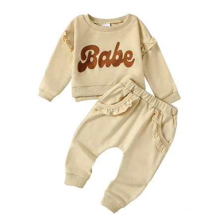 

KIMI BEAR Baby Girls Outfits 3 Months Infant Girl Fall Winter Outfits 6 Months Infant Girl Babe Prints Durable Long Sleeve Pull-Over + Pants 2PCS Set Beige