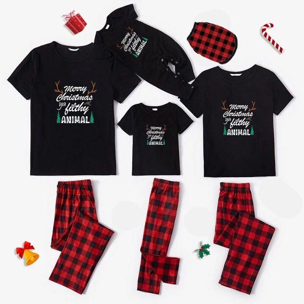 Pijamas familiares a juego de Navidad, Antler, Feliz Navidad, Ya, Animal sucio, negro, corto, conjunto