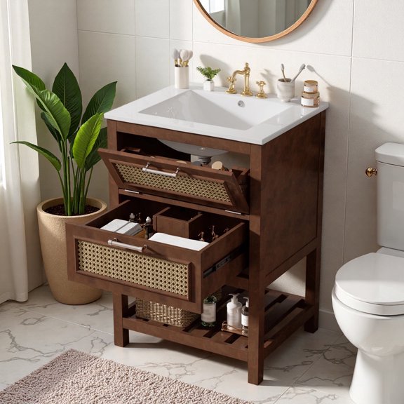 24" Single Bathroom Vanity Cabinet with Ceramic Top, 1 Deep Drawer, 1 Flip-Out Drawer, and Open Shelf