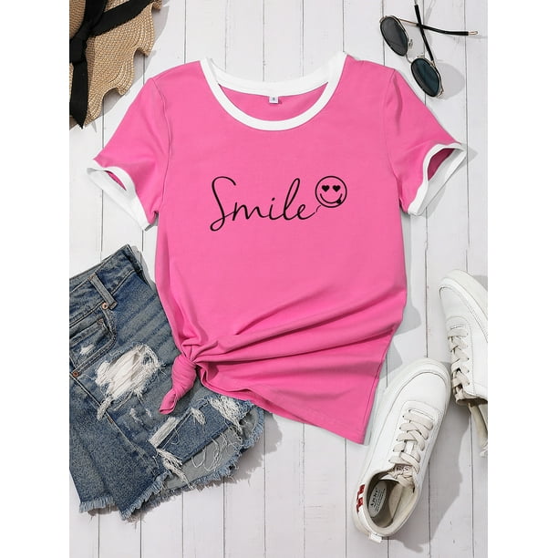 ZXSXSY T-Shirts for Women Happy Face Letter Print Graphic