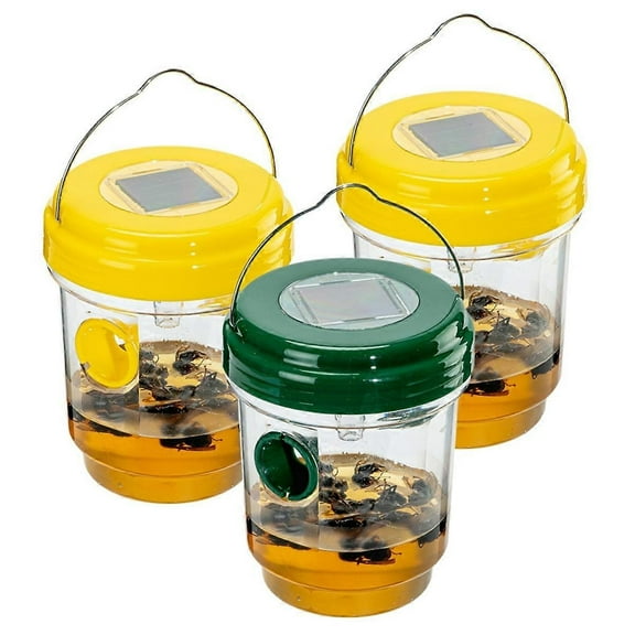 3 Pack Solar Powered Wasp Traps Outdoor Hanging Carpenter Bee TrapsYellow Ink Green