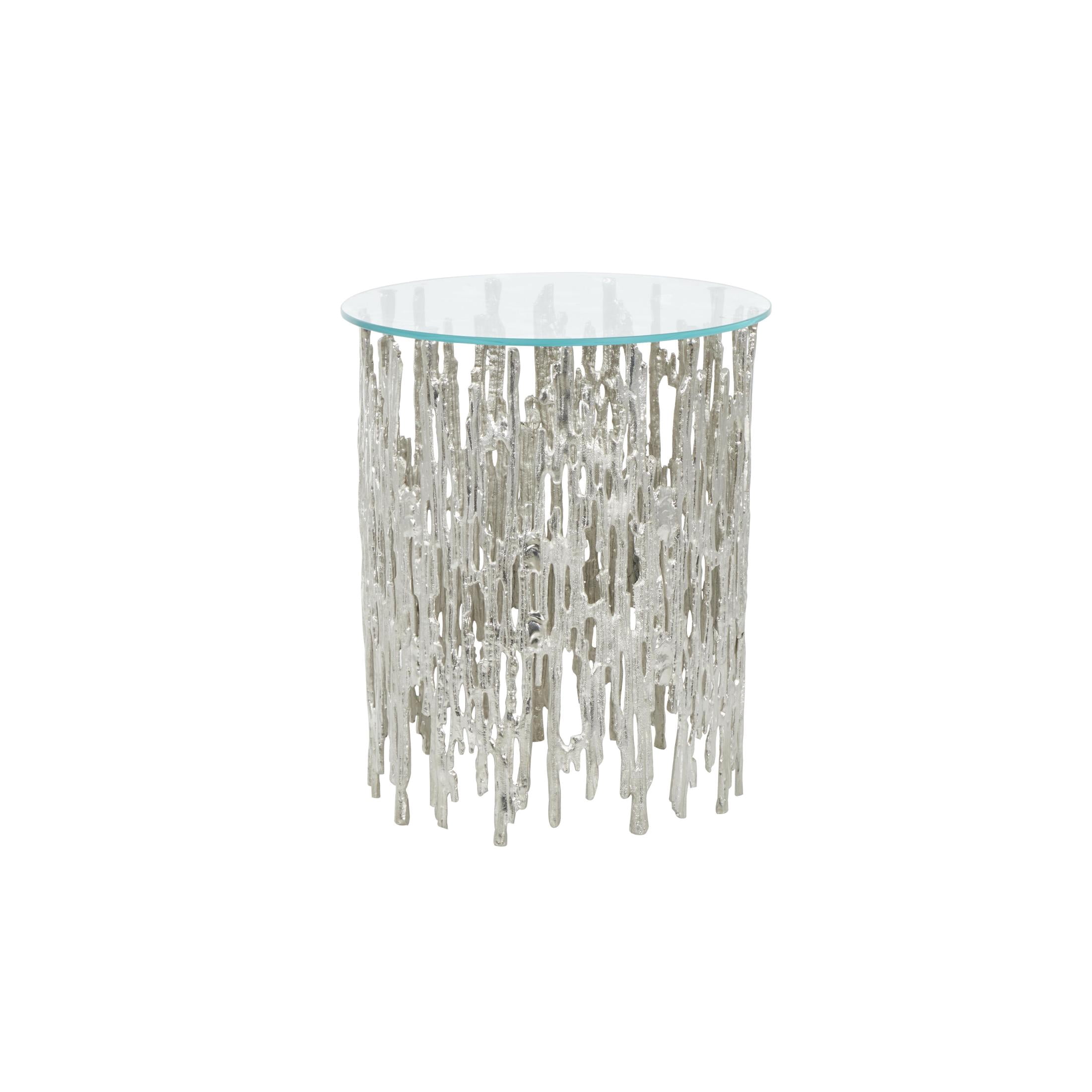DecMode 18" x 21" Silver Aluminum Metal Metallic Cutout Abstract Accent Table with Glass Tabletop, 1-Piece