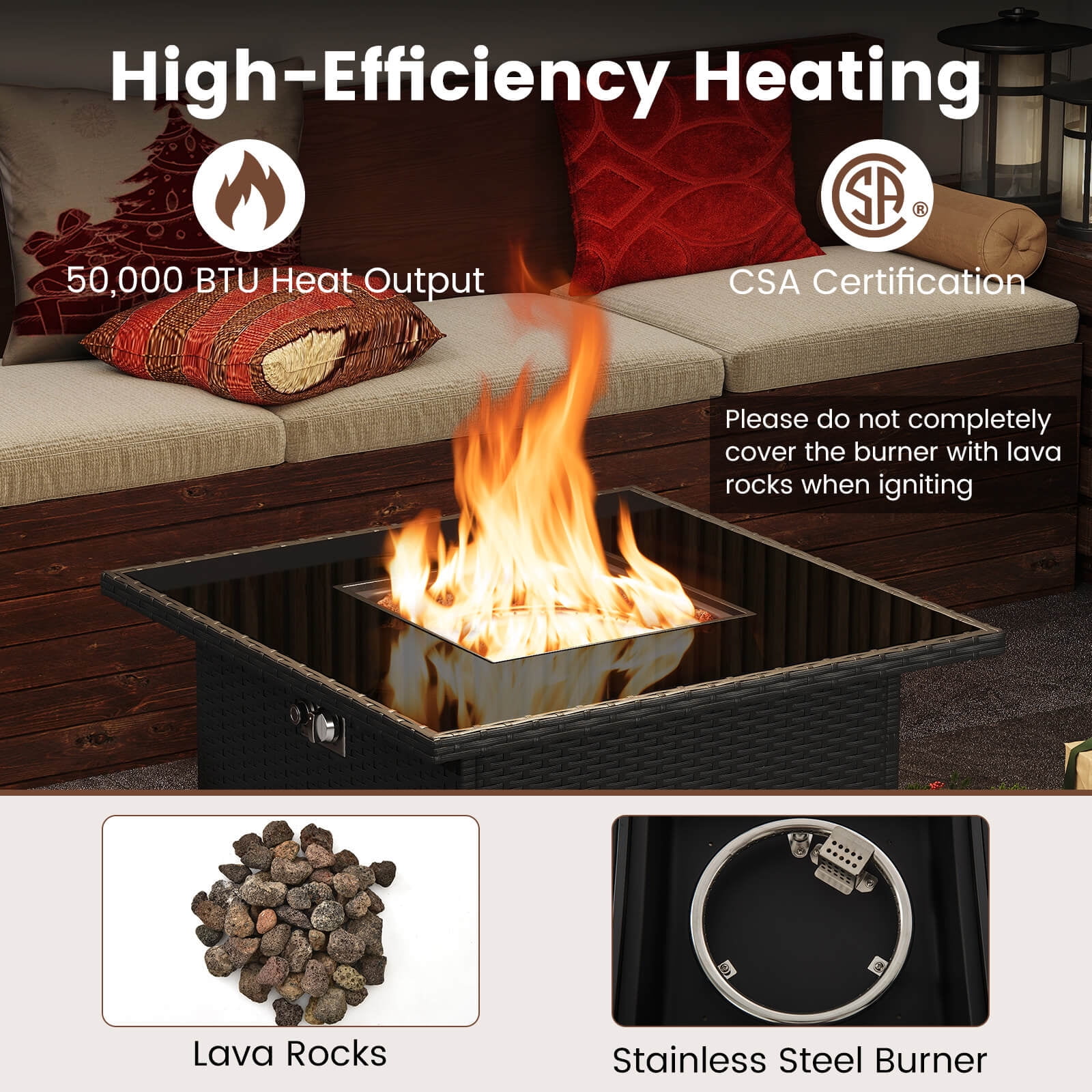 Costway 32.5" Propane Fire Pit Table Outdoor Wicker Gas Firepit with Stainless Steel Burner Black