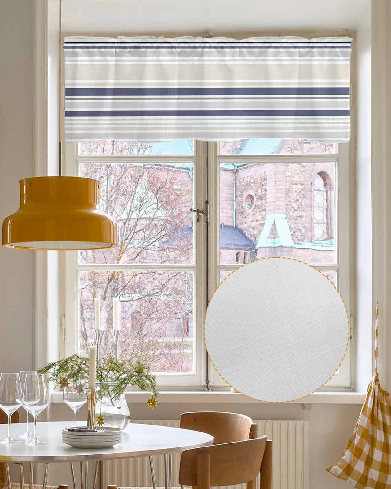 Blue Stripe Kitchen Valances for Windows Farmhouse Linen Window Valance Curtain for Living Room Window Treatment Farmhouse Geometric Grey Horizontal Striped Valance Rod Pocket Topper, 60 x 18 Inch