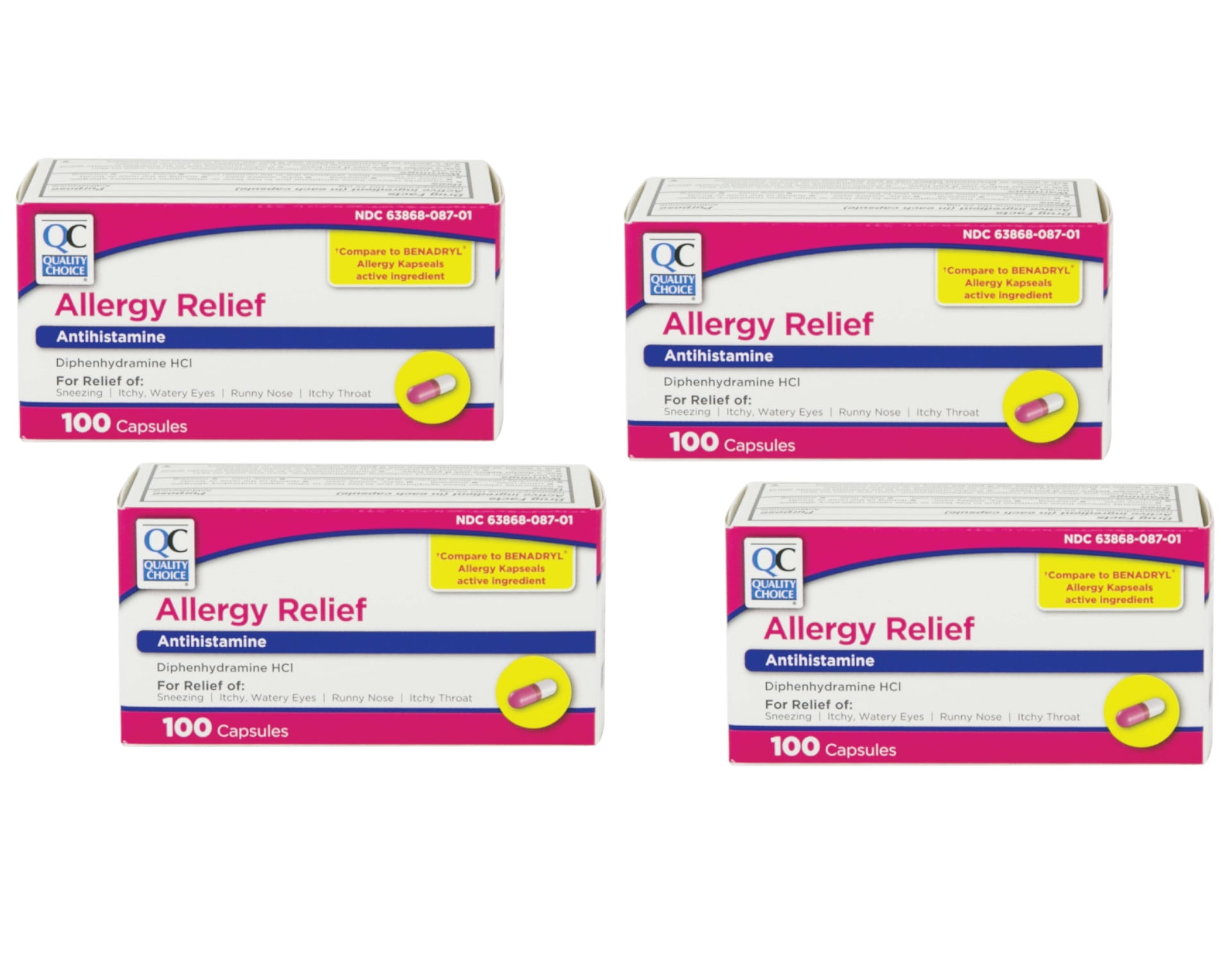 4 Pack Quality Choice Allergy Relief Antihistamine Medicine 100 Capsules Each