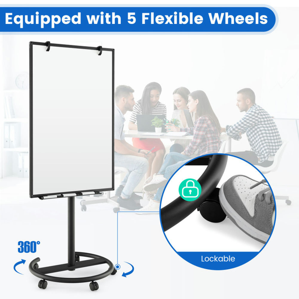 Yardi Yard Height-Adjustable Mobile Whiteboard with Round Stand Paper Clips-Black, Mobile Whiteboard for Office, Home & Classroom