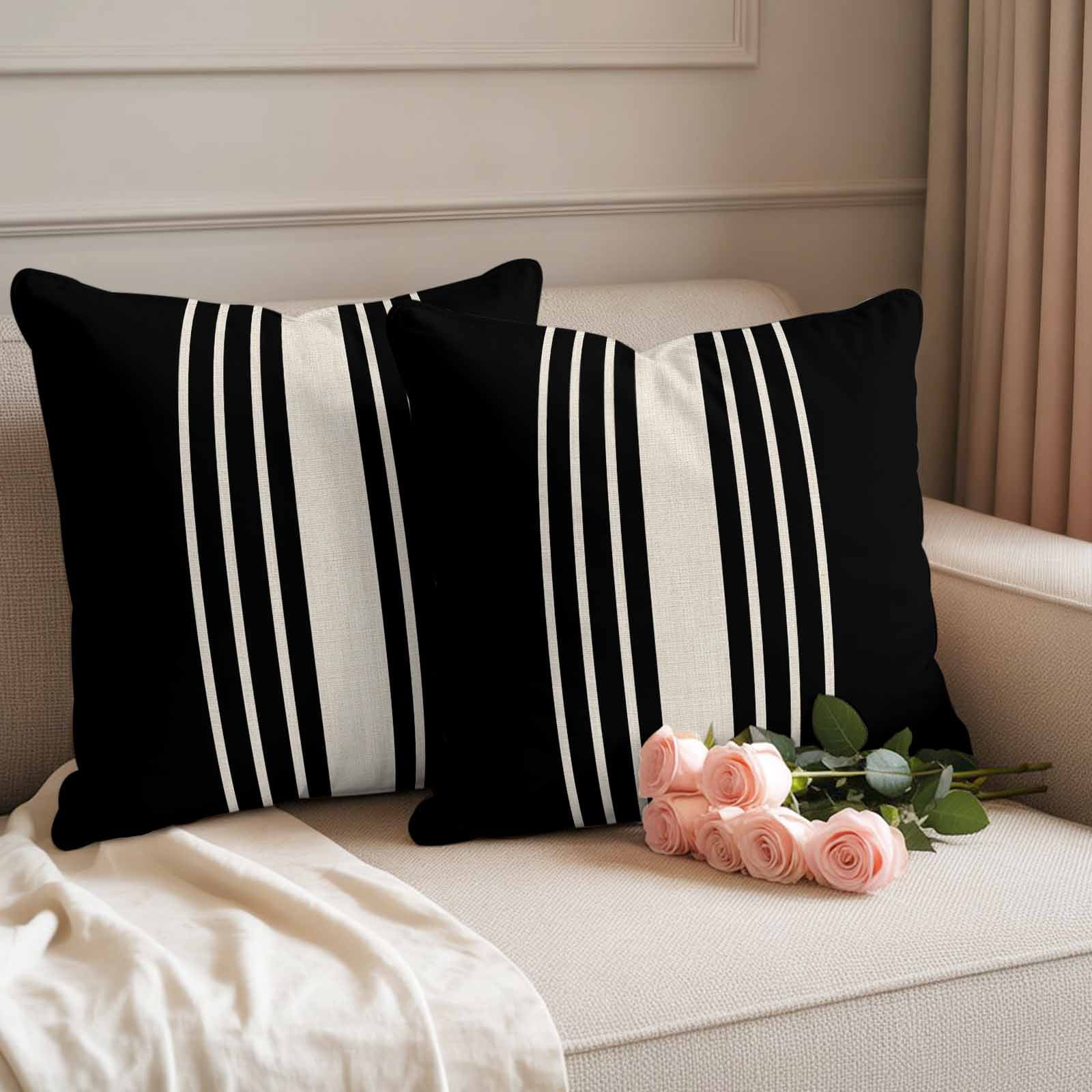 Black Beige Striped Outdoor Pillow Covers, Waterproof Decorative Throw Pillowcases Set of 2, Modern Farmhouse Retro Lines Couch Cushion Cases with Zipper for Outside Patio Garden Sofa 16"x16"