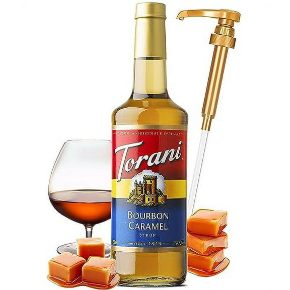 Torani Bourbon Caramel Syrup .. with Little Squirt Syrup .. Pump, Plastic Bottle 750ml .. 25.4 Ounces